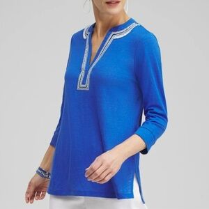 CHICO'S Linen Top Size M (1) Blue Beaded Embroidered Notch Neck 3/4 Sleeve Tunic